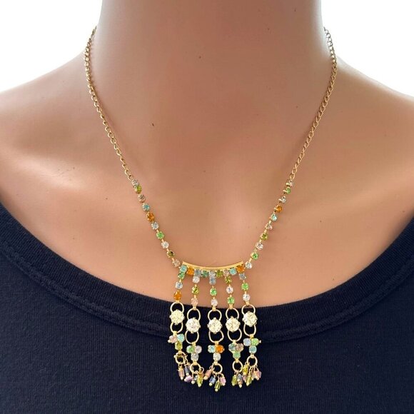 Chandelier Choker Necklace Crystal Fringe Gold Tone Chain - Picture 5 of 5